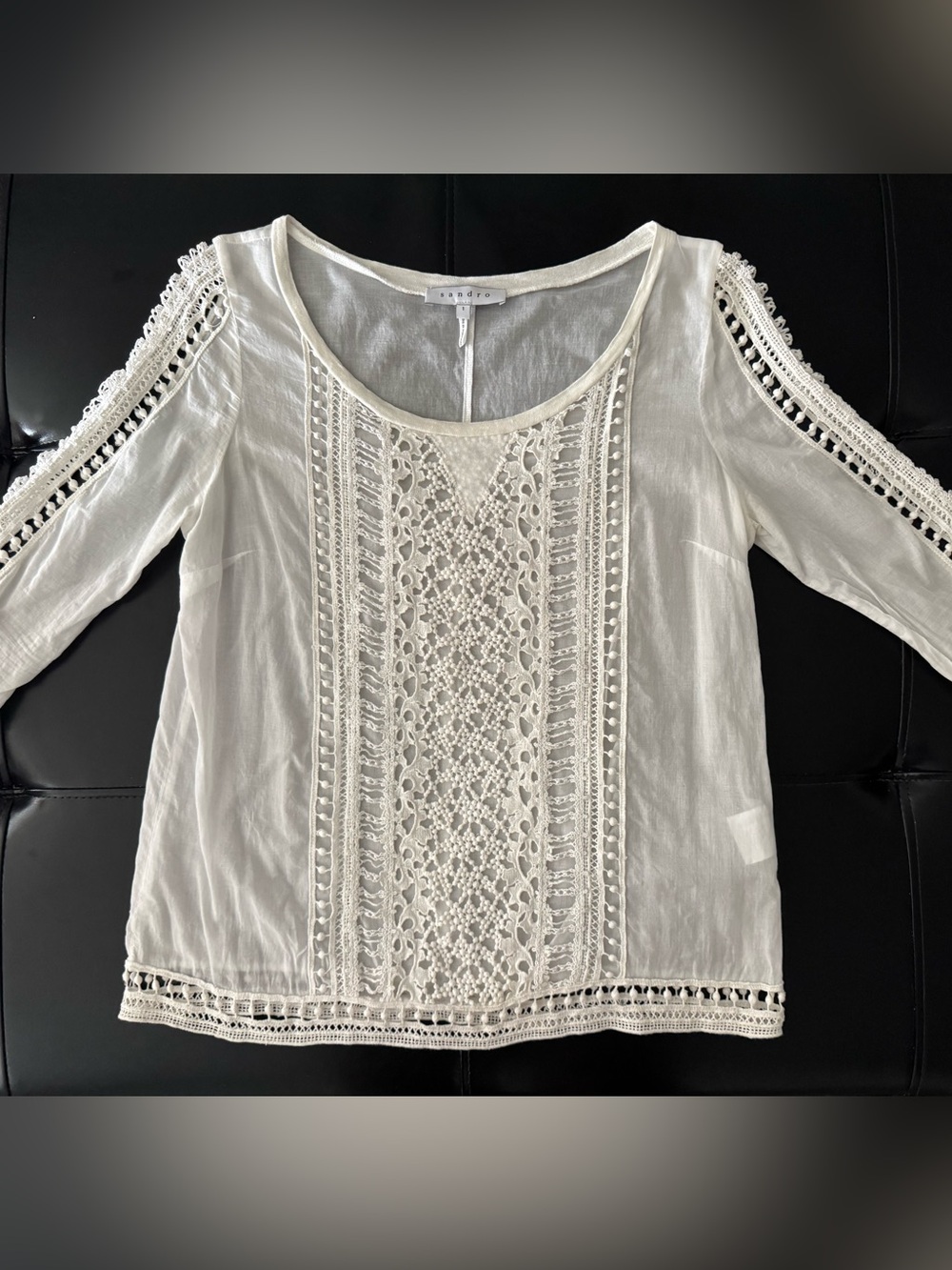 Crochet-Trim White Women's Blouse
Sandro, Size 1 or US Small. 100% cotton